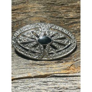 Vintage Oval Marcasite Brooch Black Onyx Center Stone 1.5” x .5”